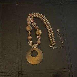 Chic Wooden Beaded Necklace with Circular Gold Pendant